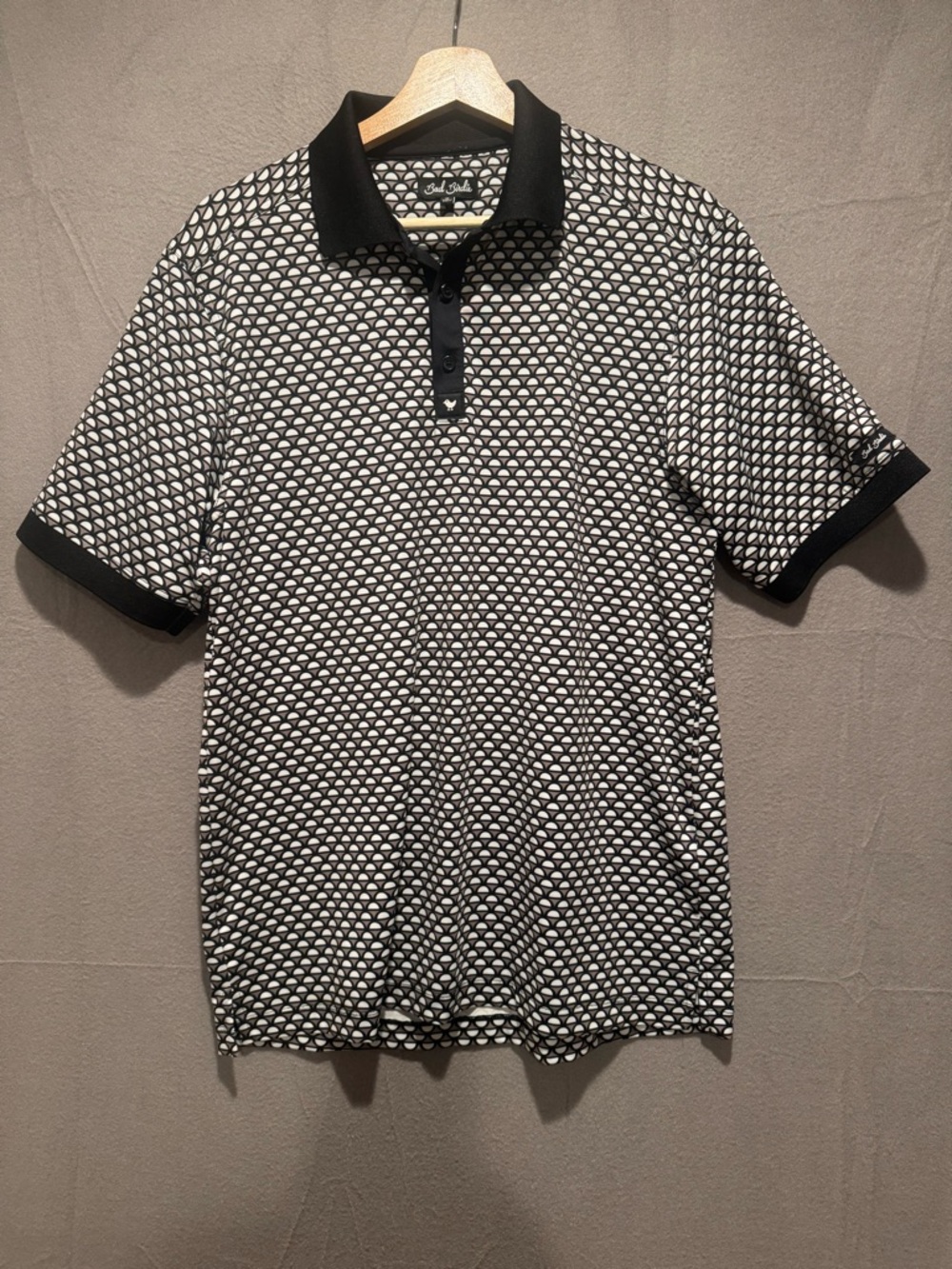 Bad Birdie Black and White Geometric Polo
